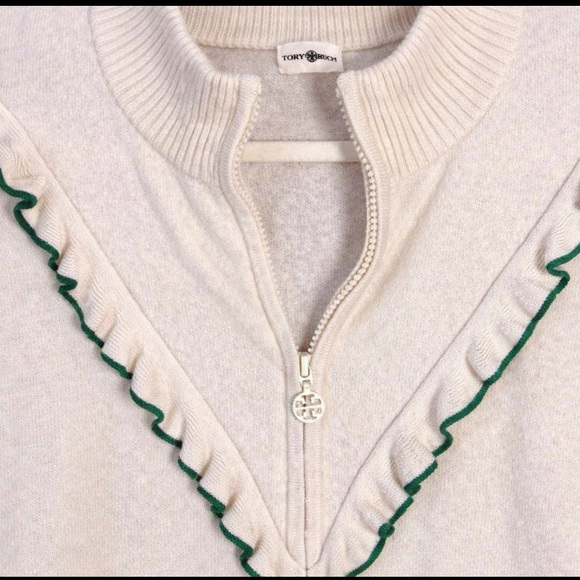 Tory Burch Women’s Cashmere Ruffle Trim Half-Zip Pullover Sweater New Ivory L - Picture 3 of 9